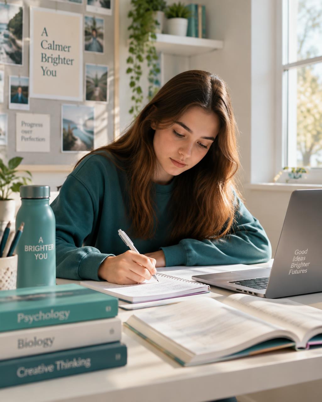 A student studying at a bright, organised desk with a laptop and notebooks